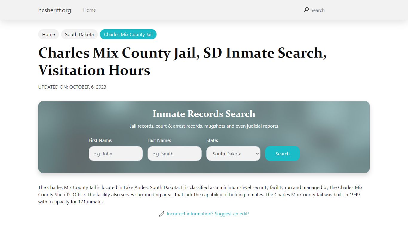 Charles Mix County Jail, SD Inmate Search, Visitation Hours